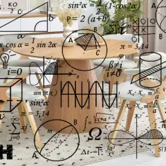 Okrągły stół z krzesłami, otoczony wzorami matematycznymi. Ile miejsca na stół z krzesłami? Wzory sugerują, że sporo!