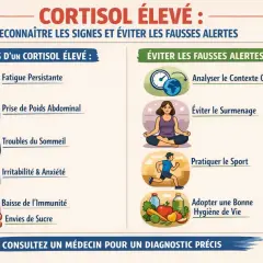Signes d'un cortisol élevé : fatigue persistante, prise de poids, troubles du sommeil, irritabilité, baisse immunité, envies de sucre. Éviter le surmenage, pratiquer le sport.