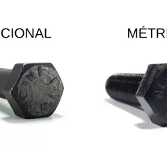 Dos tornillos, uno fraccional y otro métrico, muestran la dureza de sus materiales.