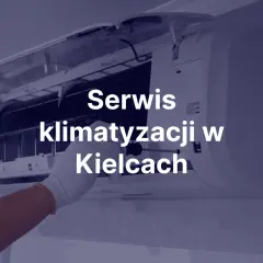 Ręka w białej rękawiczce naprawia klimatyzator. Napis "Serwis klimatyzacji w Kielcach".