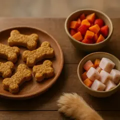 Galletas con forma de hueso y cuencos con trozos de fruta, perfectos como chuches para cachorros de 2 meses.