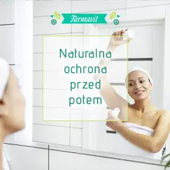 Kobieta stosuje dezodorant, by zapobiec nadmiernej potliwości. Napis: "Naturalna ochrona przed potem".