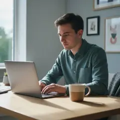 Mężczyzna pracuje na laptopie przy biurku, pijąc kawę. Idealne warunki do nauki, gdy wybierasz studia zaoczne online.