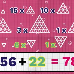 Zagadka o trójkącie: 21x△, 15x△, 10x△, 6x△, 3x△, 1x△, 15x▽, 6x▽, 1x▽. Wynik: 56+22=78.