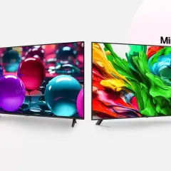 Zwei Fernseher im Vergleich: UHD mit bunten Kugeln, MiniLED mit lebendigen Farben. QNED vs QLED – ein visueller Unterschied.