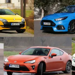 Kolaż pięciu **tanie sportowe auta**: żółty Renault Megane RS, niebieski Ford Focus RS, biały Nissan 370Z Nismo, pomarańczowy Toyota GT86 i biały Honda Civic Type R.