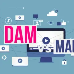 Digital asset management (DAM) vs. media asset management (MAM). The image shows a network of video players and icons, illustrating the comparison.