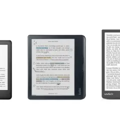 Trois liseuses affichant des livres numériques. L'une est une Kindle, une autre une Kobo, et la troisième une Vivlio.