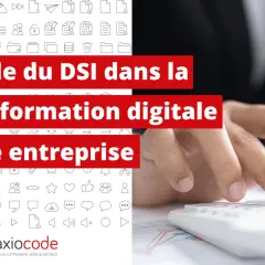 Le rôle du DSI dans la transformation digitale d'une entreprise. Icônes diverses et main sur un clavier.