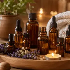 Aromatherapie wirkung liste: Braune Flaschen mit ätherischen Ölen, Lavendel, Kerzen und Handtuch für Entspannung.