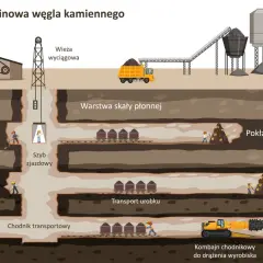Ilustracja pokazuje, jak powstaje węgiel kamienny: od wydobycia w kopalni głębinowej, przez transport, aż po hałdy.