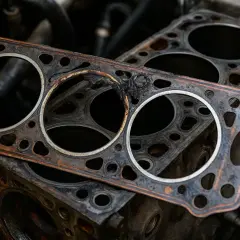 Testata motore rotta, con segni di bruciatura e ruggine evidenti sui cilindri. Un pezzo di ricambio necessario per riparare il motore.