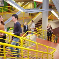 Junge Leute unterhalten sich auf einer Treppe, ein typischer Tag im Studium in Konstanz.