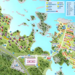 Karta över First Camp Gunnarsö, Oskarshamn, med stugor, campingplatser och servicehus.