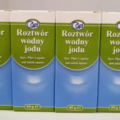 Cztery opakowania płynu Lugola do picia, każdy po 40 g. Roztwór wodny jodu.