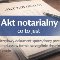 Akt notarialny - urzędowy dokument sporządzony przez notariusza. Na biurku leży pióro, okulary i pieczęć.