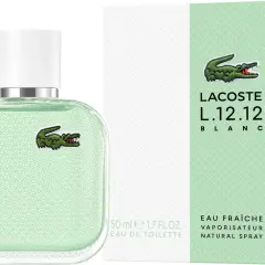 Perfumy Lacoste L.12.12 Blanc w białym, teksturowanym flakonie z zielonym krokodylem. Idealne na lato.