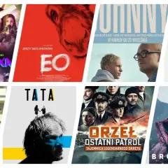 Kolaż plakatów filmowych, w tym "Apokawixa", "EO", "Johnny", "Chleb i sól", "Zadra", "Tata", "Orzeł ostatni patrol" i "Broad Peak" - przegląd najpopularniejszych polskich filmów.