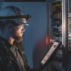 Elektryk w kasku z latarką analizuje schemat na tablecie, pracując przy skomplikowanym systemie dali okablowanie.