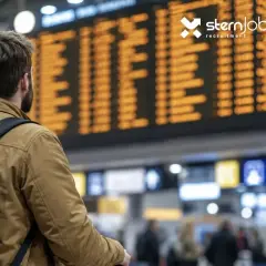 Mężczyzna z plecakiem patrzy na tablicę odlotów, planując swoją umowę zlecenie w Niemczech.