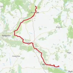 Mapa z zaznaczoną na czerwono wiślaną trasą rowerową, biegnącą od Grudziądza przez Toruń i Włocławek aż do Płocka.