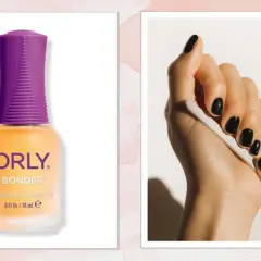 ORLY Bonder – co to? Baza pod lakier, która zapewnia trwałość manicure. Dłoń z czarnymi paznokciami piłowana pilniczkiem.