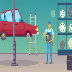 Mechanik w warsztacie wymienia koło w czerwonym Peugeocie 206. Na półkach widać różne rozmiary opon.