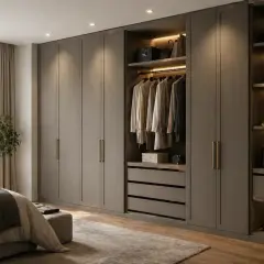 En stor garderob i minimalistisk stil med kläder och accessoarer prydligt organiserade.
