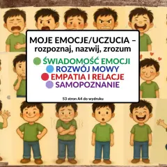 Ilustracja przedstawia chłopców wyrażających różne emocje. Centralnie umieszczona jest lista: "Moje emocje/uczucia – rozpoznaj, nazwij, zrozum", z podpunktami: Świadomość emocji, Rozwój mowy, Empatia i relacje, Samopoznanie.