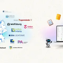 Digitale Transformation in deutschen Städten und Landkreisen, gefördert durch den DigitalPakt 2.0. Eine Karte zeigt Standorte, während ein Laptop und ein Roboter die Zukunft der Bildung symbolisieren.