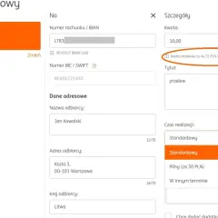 Szczegóły przelewu walutowego: kwota 10 EUR to 44,72 PLN. Odbiorca Jan Kowalski, adres Kozia 3, Warszawa. Czas realizacji standardowy.