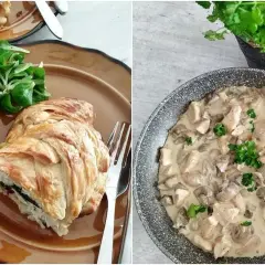 Pyszne mięso na obiad: pieczone w cieście francuskim i kurczak w sosie śmietanowo-grzybowym.
