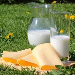 Fette fette di formaggio giallo su un tagliere, accanto a un bicchiere e una caraffa di latte, su un prato fiorito.