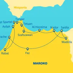 Mapa trasy z Hiszpanii do Maroka, obejmująca promy i miasta takie jak Tanger, Rabat, Fez, Szafszawan.