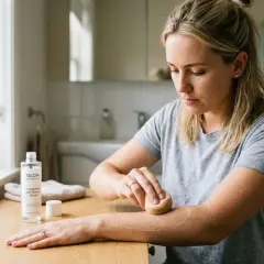 Frau trägt Selbstbräuner auf, um ihre Haut braun ohne Sonne zu färben. Ein Produkt von Glow Essentials steht daneben.
