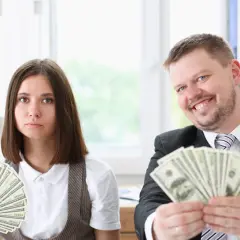 Mężczyzna z uśmiechem pokazuje pieniądze, kobieta z niepokojem. Czy rozdzielność majątkową można cofnąć?
