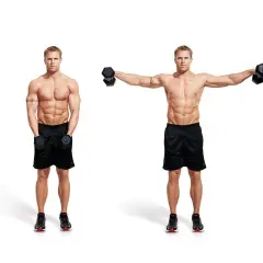 Man utför lateral raise med hantlar. Till vänster står han med hantlarna vid sidorna, till höger lyfter han dem utåt.