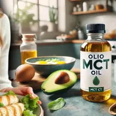 Una bottiglia di olio MCT in primo piano, accanto ad avocado, uova e pollo grigliato, per una colazione sana.