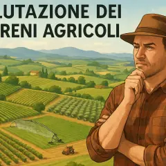 Un contadino pensa: quanto vale una pertica di terreno agricolo? Campi verdi irrigati, colline e un casolare sullo sfondo.