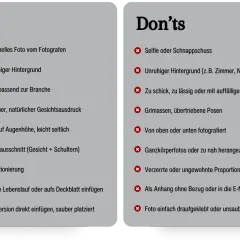 Tipps, wie man einen Lebenslauf mit professionellem Foto erstellt: Heller Hintergrund, passende Kleidung, freundlicher Ausdruck. Vermeide Selfies und unruhige Hintergründe.