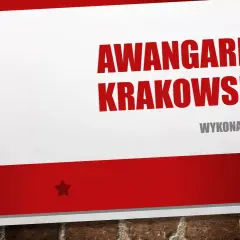 Tytuł "AWANGARDA KRAKOWSKA" i nazwisko "WYKONAL SOWA" na tle ceglanej ściany.