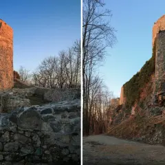 Kamienne ruiny wieży, najstarszy zamek w Polsce, otoczone drzewami o zachodzie słońca.