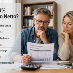 Ein Paar plant die Rente. Das letzte Netto-Gehalt (100%) wird mit gesetzlicher Rente (70%) und privater Vorsorge (30%) verglichen, um den Lebensstandard zu sichern.