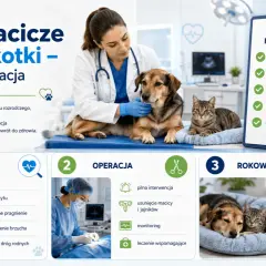 Weterynarz bada psa i kota. Infografika o ropomaciczu u suczek i kotek: objawy, operacja i rokowanie. Szybka interwencja ratuje życie.