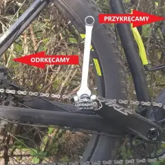 Klucz do roweru pokazuje, jak odkręcić pedały. Pamiętaj, że lewy pedał odkręcamy w prawo, a prawy w lewo.