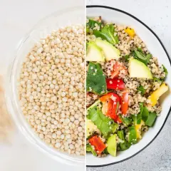 Quinoa: de donde viene la quinoa, un grano ancestral, se muestra en un tazón y en una ensalada colorida con aguacate y pimientos.