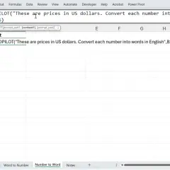 Foglio di calcolo con numeri in colonna B e formula in C2 che converte il numero memorizzato come testo in inglese.