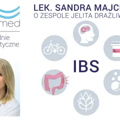 Lek. Sandra Majcher o zespole jelita drażliwego. Grafika przedstawia objawy IBS: ból brzucha, stres, dieta, leki, aktywność fizyczna.