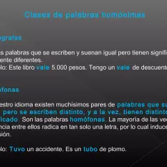 Clases de palabras homónimas: homógrafas (igual escritura/sonido, distinto significado) y homófonas (igual sonido, distinta escritura/significado). Ejemplos: vale/vale, tuvo/tubo.