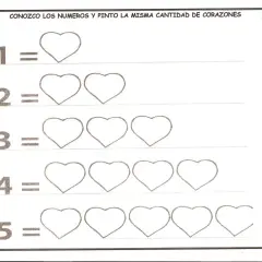 Fichas para niños de 3 años: números del 1 al 5 con corazones para contar y colorear.